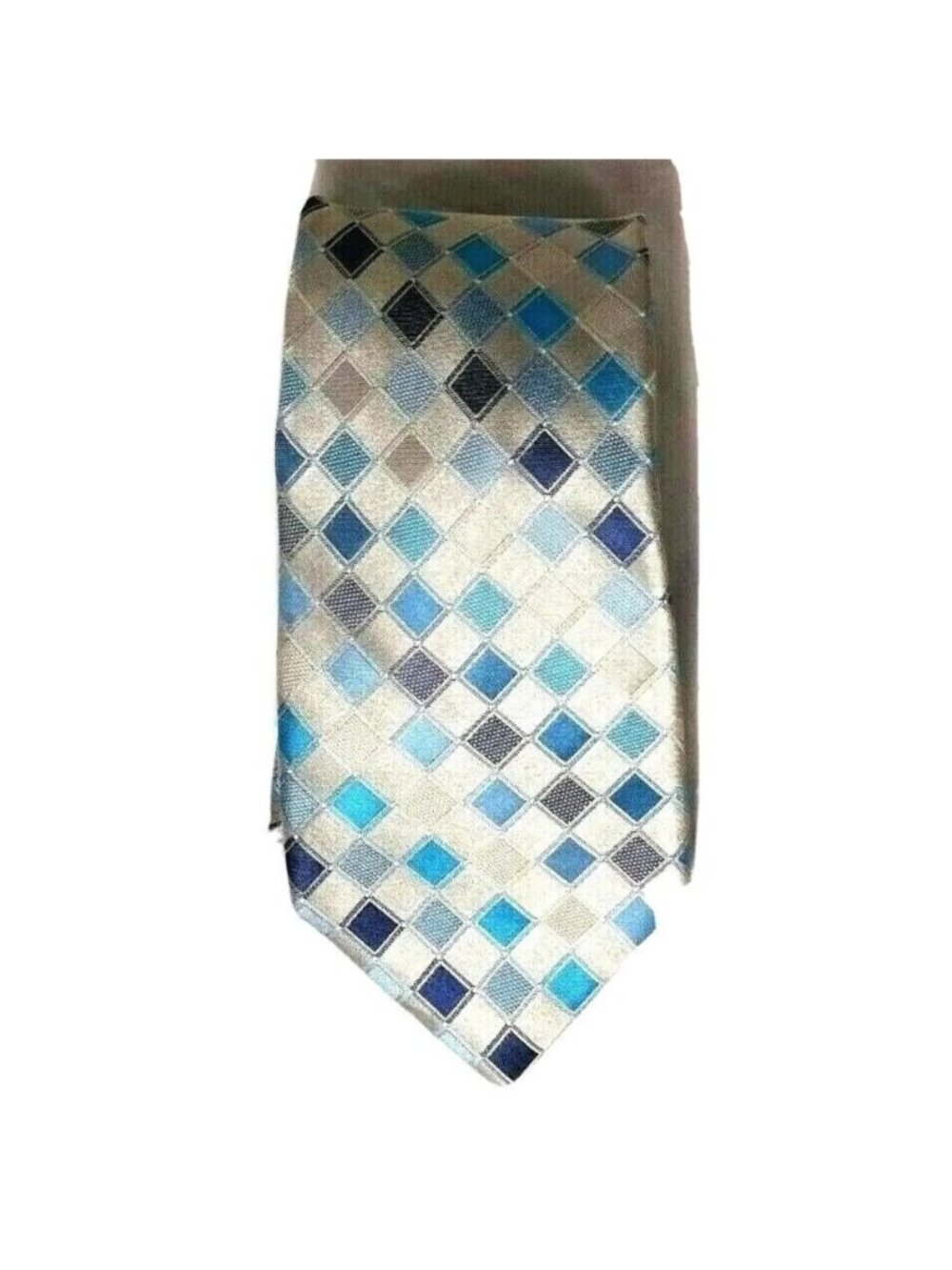 Van Heusen Silk Tie Necktie Mens Silver Blue Gray Diamond Geometric Print